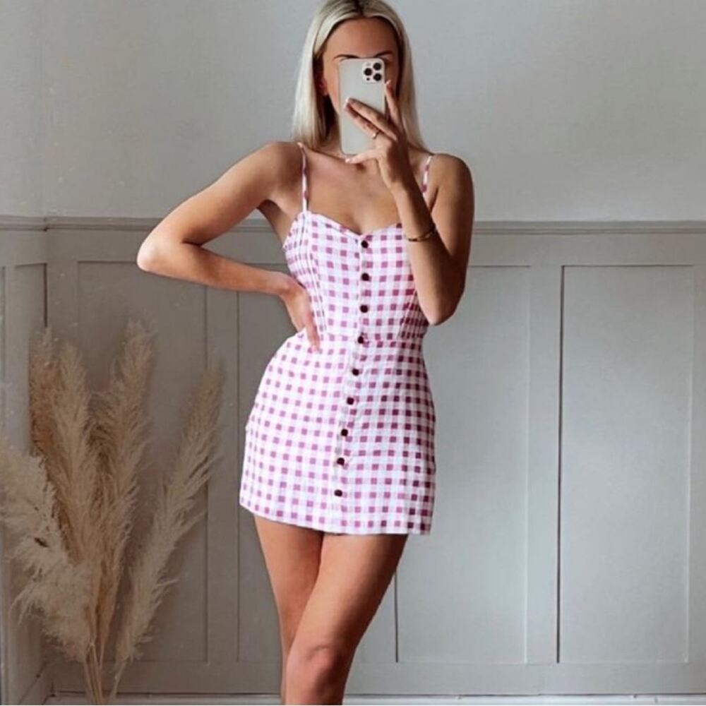 New Zara Gingham Romper Checkered Dress Playsuit White Barbie Pink Plaid Small